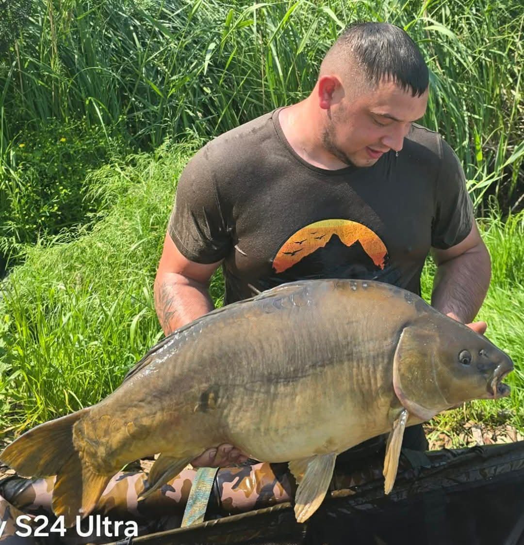 Mężczyzna z dużą karpią wśród trzcin